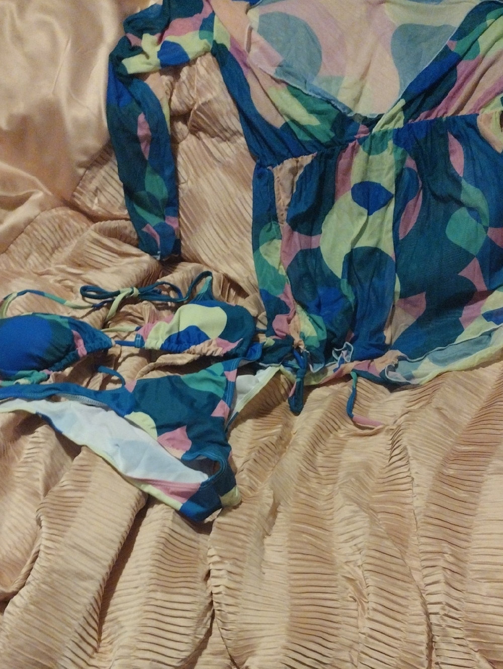 Colorful Polka Dot Bikini & Cover-Up Set in Teal, Yellow, Pink
